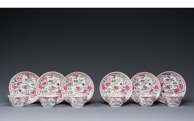 Six Chinese famille rose 'antiquities' cups and saucers, Yon...