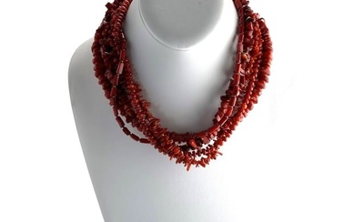 Sterling Silver Multi Strand Navajo Red Coral Bead Necklace
