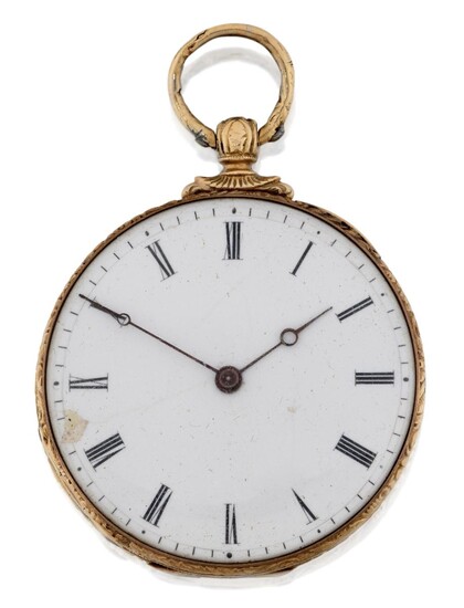 Swiss. A small open face fob watch with gold engraved case, Circa 1850 White enamel dial with black Roman numerals and five minute divisions, blued steel hands, Swiss keyless wind cylinder movement with gold coloured 3 arm balance, florally...