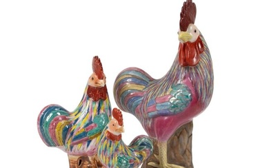 THREE CHINESE EXPORT FAMILLE ROSE ROOSTERS