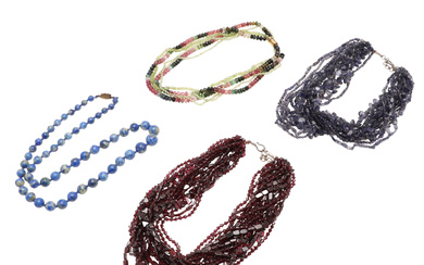 THREE MODERN INDIAN GEMSET NECKLACES AND A LAPIS BEAD NECKLACE.