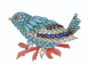 TURQUOISE, SAPPHIRE, DIAMOND AND CORAL BIRD BROOCH, VAN CLEEF & ARPELS