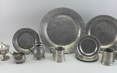 TWELVE PIECES OF PEWTER 18th/19th Century Diameter of largest charger 16.5".