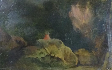 Thomas Creswick, oil on board, landscape with figure on...
