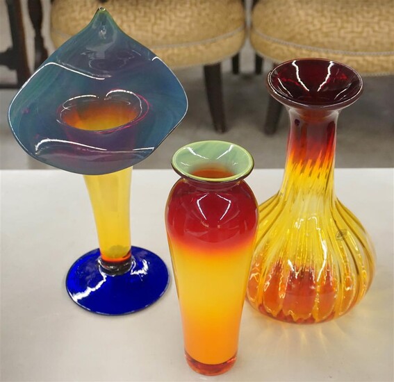Three Assorted Blenko 'Tangerine' Art Glass Vases, 21st Century, H of taller: 13-1/4 in