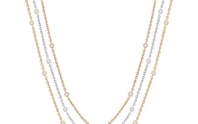 Three-Strand Diamond Station Necklace in 14k Three-Tone Gold (3.01ct)