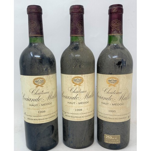 Three bottles of Chateau Sociando Mallet, Haut Medoc, 1995 a...