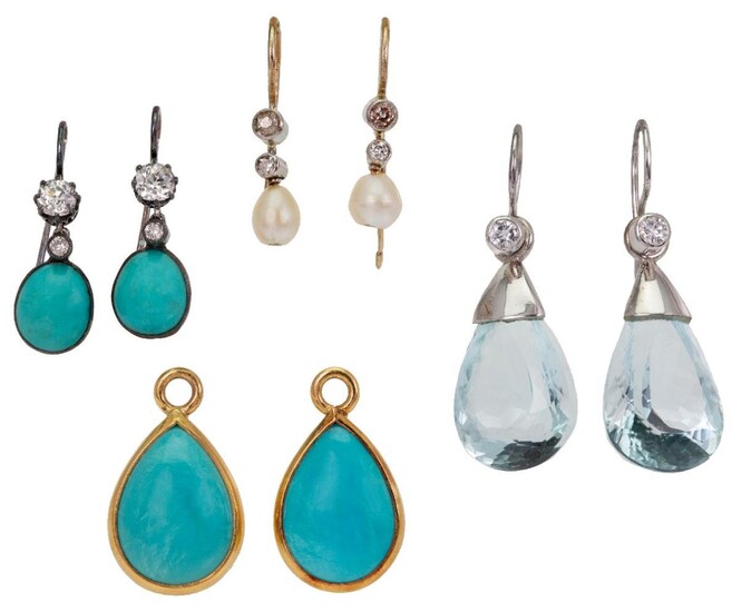 Three pairs of earrings, comprising: a pair of aquamarine and diamond earrings, each composed of a facetted pear-shaped aquamarine drop to a brilliant-cut diamond surmount, drops detachable, and a pair of pear-shaped turquoise drops; a pair of...