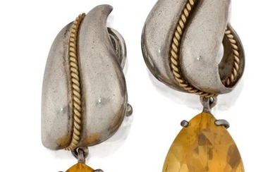 Tiffany & Co., A pair of silver and citrine drop earrings by Tiffany & Co, each designed as a single pear-shaped citrine drop to a two-colour leaf design suspension, London import marks for silver, approx. length 4cm