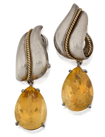 Tiffany & Co., A pair of silver and citrine drop earrings by Tiffany & Co, each designed as a single pear-shaped citrine drop to a two-colour leaf design suspension, London import marks for silver, approx. length 4cm