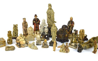 Twenty-five Chinese carved soapstone and other figures including an example...