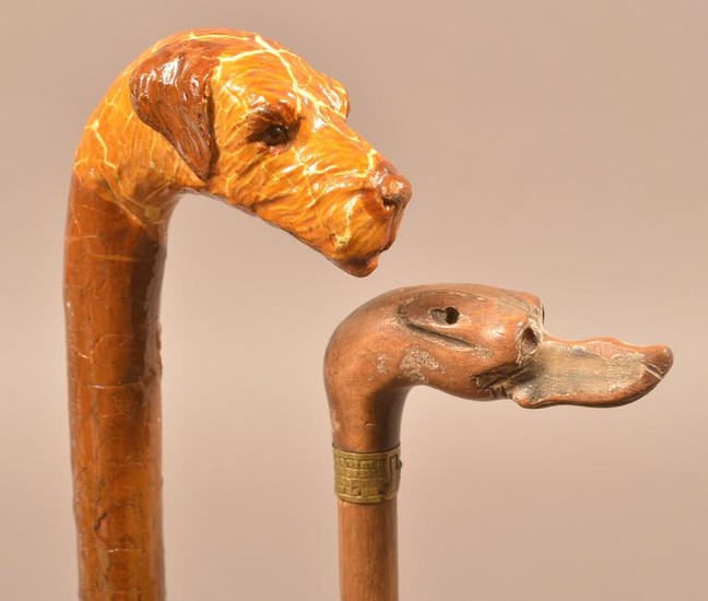 Two Antique Dog Head Carved Folk Art Canes.