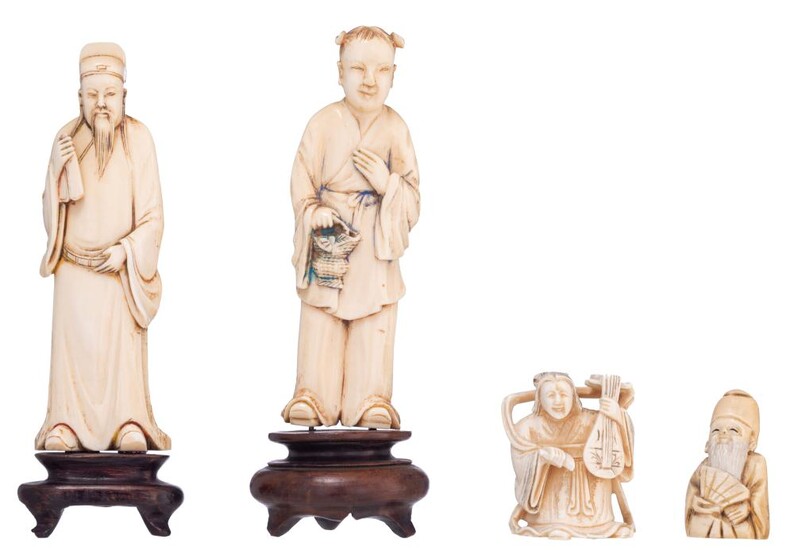 Two Chinese early Republic period ivory figures, H 15,5 - 16 (with fixed base) / weight c. 100 - 125 g., a late Republic Chinese netsuke, H 5 cm - weight c. 30g.; we add a small Japanese late Meiji-period ivory okimono, H 5,2 cm - weight c. 43 g.
