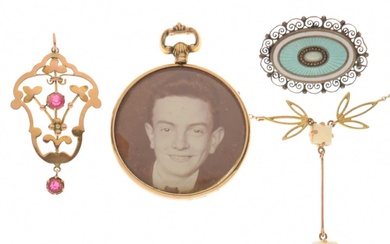 Two yellow metal (9ct) pendants, Marius Hammer enamelled silver brooch, etc