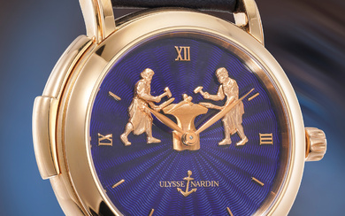 Ulysse Nardin, Ref. 716-22 An incredibly beautiful, rare and complex minute repeating yellow gold wristwatch with flinqué enamel dial and jaquemart automaton, certificate and presentation box, number 9 of a limited edition of 30 pieces, with proceeds...