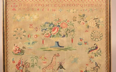Unusual 19th C. Pictorial Sampler with Giraffe.
