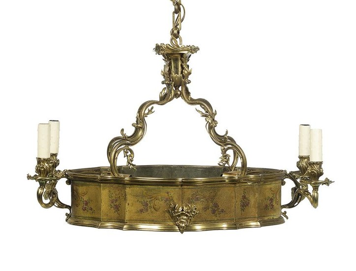 Unusual French Bronze, Tole and Glass Chandelier