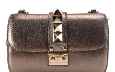 Valentino Glam Rockstud Bronze Metallic Grained Leather Front Flap Bag