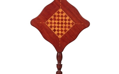 Very Fine and Rare Federal Checker Board-Inlaid Mahogany Tilt-Top Candlestand, Probably Massachusetts, Circa 1800