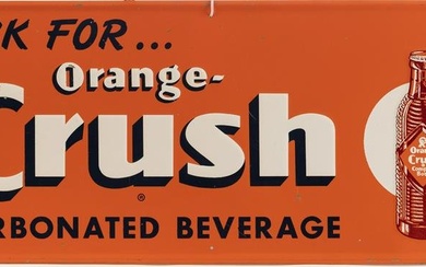 Vintage tin Advertising Sign for "Orange Crush" with raised letters and bottle, very good condition