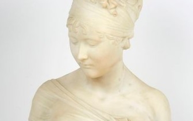 White marble bust representing "Madame Recamier". Square base....