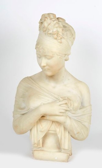 White marble bust representing "Madame Recamier". Square base....
