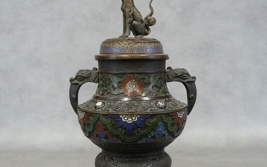 An incense burner with handles in bronze cloisonné and decorated...