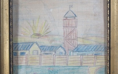 ציור של ילדה, מוקדם מאוד, של ישוב חומה ומגדל – כפי הנראה שנות הארבעים