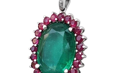 11.21 Carat Emerald and 2.08 Ct Rubies and 0.02 Diamonds - 14 kt. White gold - Necklace with pendant - NO RESERVE
