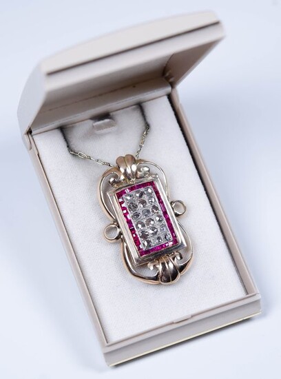 14 kt. Gold, Silver - Pendant with 1.00 ct diamonds and 1.00 ct rubies