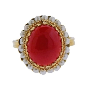 14K Gold Red Stone Pearl Ring