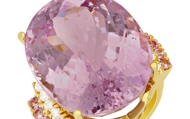 14k Yellow Gold 40.01ct Kunzite 0.34ct Pink Sapphire 0.37ct Diamond Ring