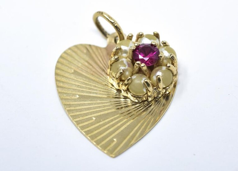 14kt Yellow Gold Faux Pearl & Ruby Heart Charm