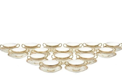 16 Cauldon England Gilt Porcelain Bouillon Bowls & Underplates Florals Greek Key