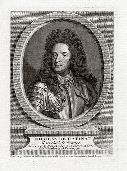 1738 Nicolas de Catinat Self Portrait engraving signed