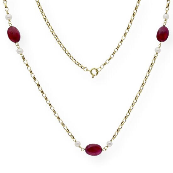 18 kt. Gold, Sweetwater pearls, Yellow gold, 3.55 mm - Necklace - 10.00 ct Ruby