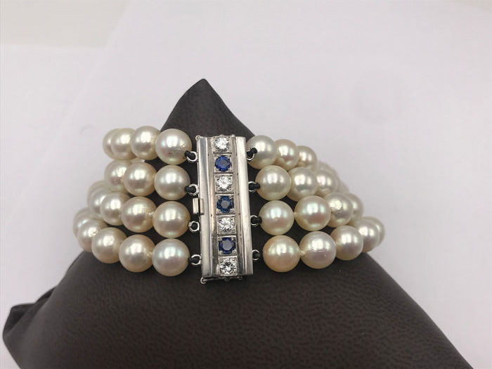 18 kt. White gold, 7 mm - Bracelet, Freshwater pearl bracelet set with diamonds and sapphires - 0.09 ct Diamond - Sapphire