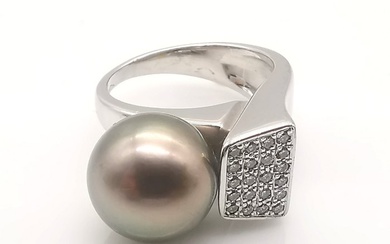 18 kt. White gold - Ring - 0.42 ct - Tahitian gray pearl