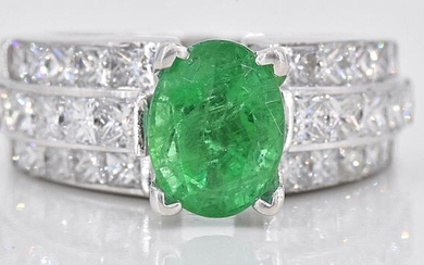 18 kt. White gold - Ring - 1.99 ct Emerald - 3.36 ct Diamonds