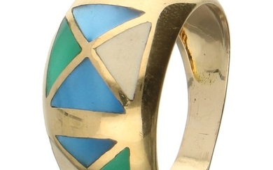 18 kt - Yellow gold band ring set with green, blue and white enamel - Ring size: 16.25 mm