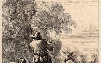 1876 Nicolas Berchem Herdsman Playing a Flute Etching Durand Goring Unique