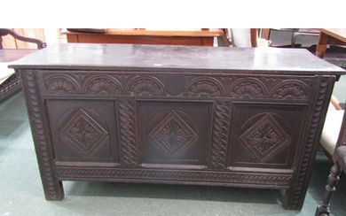 18th CENTURY CARVED OAK COFFER with 3 panelled front, carved...