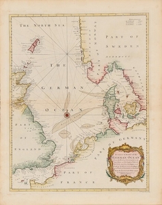 1907/99: Richard William Seale: "A correct Chart of the German Ocean". 1745. Handcoloured engraving. Sheet size 54.5 x 44 cm. Unframed.