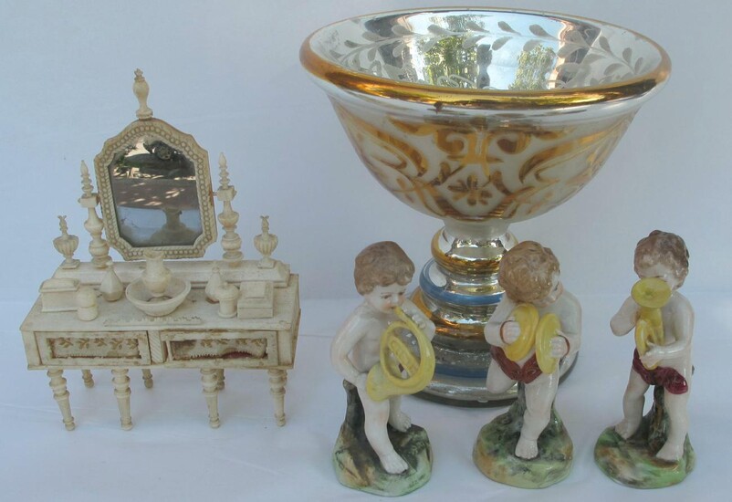 19thc French prison made mini dresser, Mercury glass compote, German porcelain Nymphs GC4A