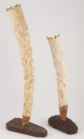 (2) Carved Figural African Ivory Tusks, Signed