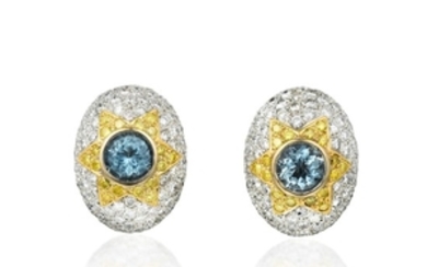 A Pair of 18K Gold Aquamarine and Diamond Earrings, French
