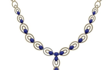 23.80 Ctw SI2/I1 Blue Sapphire And Diamond 14K Yellow Gold Victorian Style Necklace
