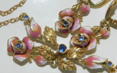 18 kt. Gold - 18K Collier/earnecker enamel roses sapphires Sapphire