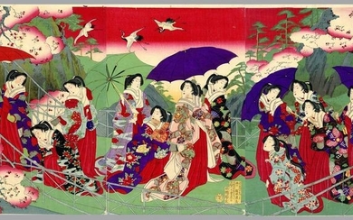 Original woodblock print, Triptych - Toyohara Yoshu Chikanobu (1838-1912) - Fukiage Garden Fishing Bridge — 吹上御庭釣橋図 - 1879