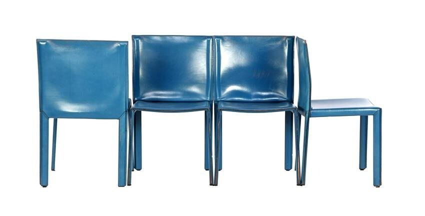 4 blue leather dining room chairs